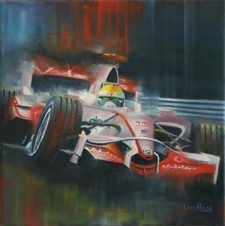 Tom Lund-lack: 'Mclaren 2008', 2009 Oil Painting, Automotive.  A generic painting of the drama of Formula 1, using the 2008 Mclaren as driven by Lewis Hamilton as the motif.  This is a reworked image too which I have tried to incorporate elements of graphic design. ...