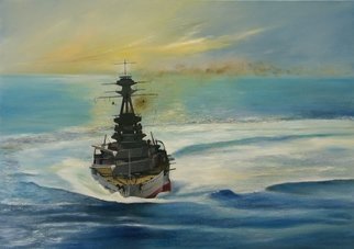 Tom Lund-lack: 'Momentum', 2008 Oil Painting, Marine.  This painting is of HMS Royal Oak and is taken from an early black and white areial photograph when she was on exercise during WW1.  She was one of five 'R' class battleships which saw service in both world wars.  She was sunk at Scapa Flow on 14th October 1939...
