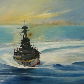 Tom Lund-lack: 'Momentum', 2008 Oil Painting, Marine. Artist Description:  This painting is of HMS Royal Oak and is taken from an early black and white areial photograph when she was on exercise during WW1.  She was one of five 'R' class battleships which saw service in both world wars.  She was sunk at Scapa Flow on 14th ...