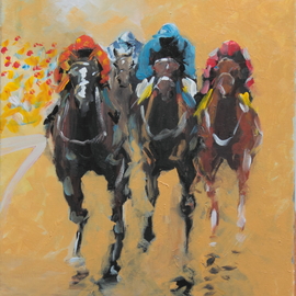 Tom Lund-lack: 'Racing Colours', 2016 Acrylic Painting, Equine. Artist Description: This very contemporary painting was completed very quickly about 4 hours the aim being to use simple shapes combined together to make a figurative image.  The subject matter - horse racing becomes obvious the further away from the painting one gets.  The energy I put into this piece I ...