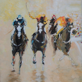 Tom Lund-lack: 'Racing Colours 3', 2016 Oil Painting, Equine. Artist Description:  Contemporary racing painting painting was using thicj applications of oil paint to bring out the drama, colours and excitiment of racing.  ...