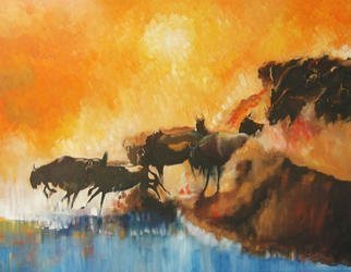Tom Lund-lack: 'Rush Hour', 2003 Oil Painting, Wildlife. Hot African sunset and the a herd of Widebeest jamming themselves down a gully to cross a river. The paitning is also a dig at the morning rush to work, trying to sqaush ourselves down the Metro stairs!...