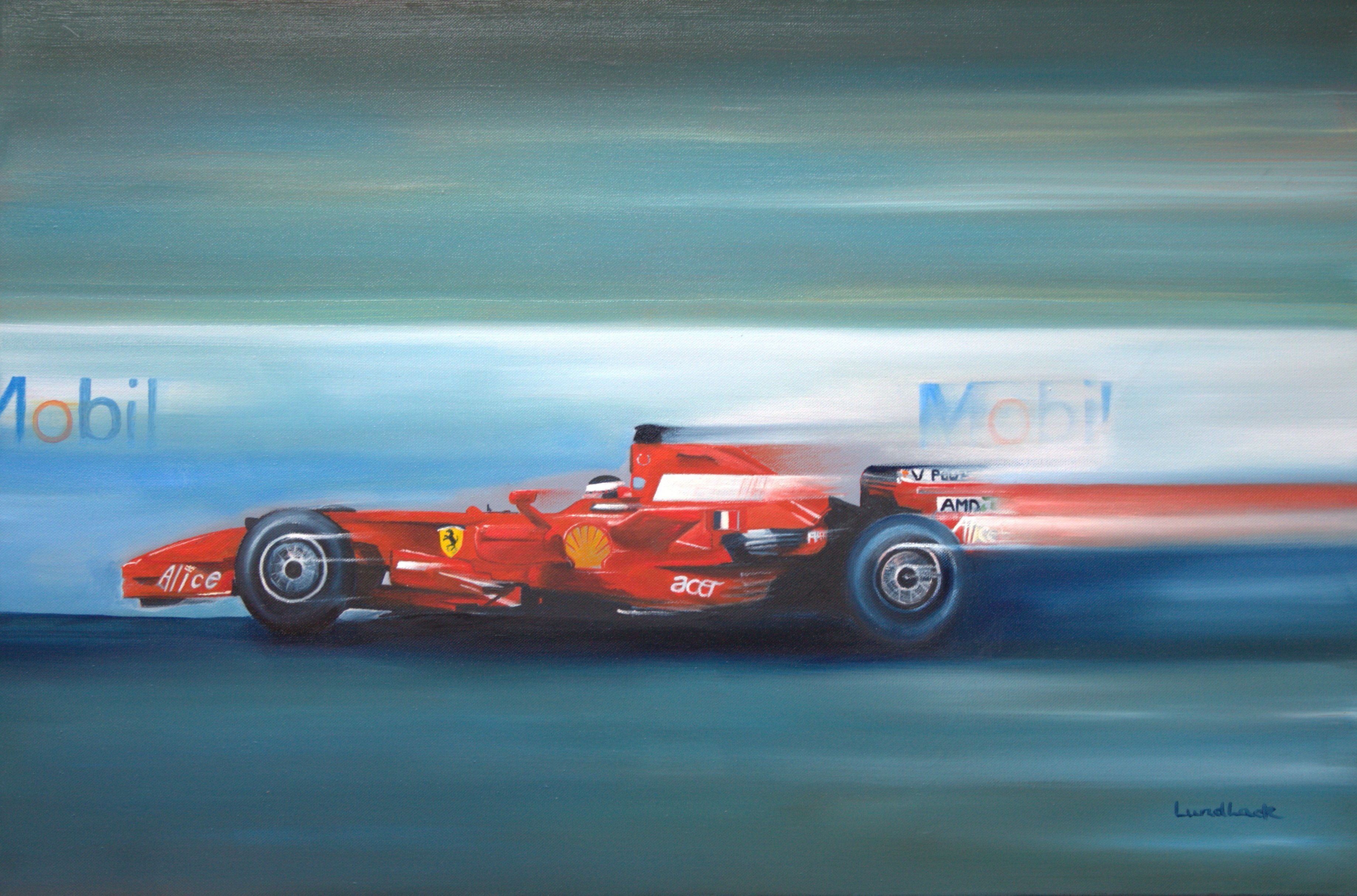 Tom Lund-lack: 'Velocity', 2018 Oil Painting, Automotive.  I could not resist the temptation to paint this very powerful image of a Ferrari, to let rip with the red well actually cadmium red, a cadmium yellow and another colour to get close to the Ferrari colour just had to be done.The Scuderia Ferrari F2008 is the fifty...
