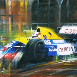 Tom Lund-lack: 'Williams FW14', 2010 Oil Painting, Automotive. Artist Description:  Broken lines to bring out of the paint the essence of Formula1 racing and especially speed. ...