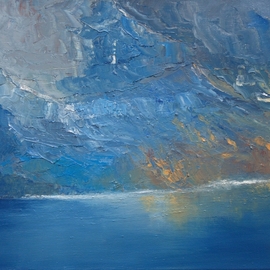 Tom Lund-lack: 'fiord', 2018 Oil Painting, Landscape. Artist Description: Using a palette knife is a great way to get the feeling of the mountainside running down into a fiord.  The intense cold was created using cobalt, prussian and manganese blue.  I love the way the paint picks up the ridges and forms of the rock. ...