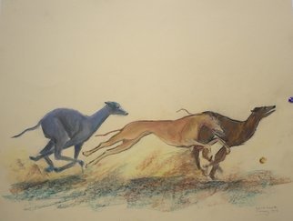 Tom Lund-lack: 'mine no mine', 2019 Pastel, Dogs. Three grey hounds chasing after balls aEUR