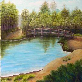 Lora Vannoord: 'Bridge over Lake', 2011 Oil Painting, Landscape. Artist Description: Original oil painting on canvas of a bridge over Tarpon Lake in Florida.  This is at the Anderson Park.  Two and one half inch wooden frame, including the one inch off white inset. ...