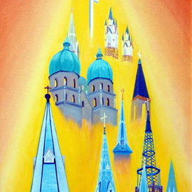 Lora Vannoord: 'Church Steeples', 2011 Oil Painting, Architecture. Artist Description:  Original oil painting on canvas of some of the church steeples seen on the Grand Rapids Michigan skyline.  There is a great show of architecture styles and religious diversity there.  The painting is professionally framed with a 3 wide wooden frame and a 1 inch insert that sets ...