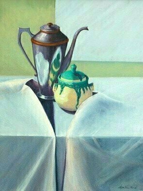 Lora Vannoord: 'Coffee with Sugar', 2011 Oil Painting, Still Life.  An original oil painting on canvas of an old coffee pot and a new sugar bowl. The sugar bowl is a piece of pottery hand made by Susan Johnson. I have an antique frame on it now. This is included if you want it. ...