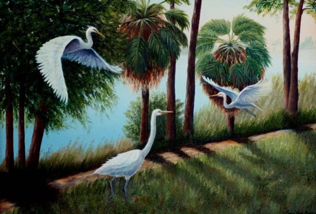 Artist Lora Vannoord. 'Egrets' Artwork Image, Created in 2010, Original Painting Oil. #art #artist