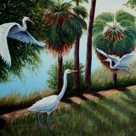 Lora Vannoord: 'Egrets', 2010 Oil Painting, Landscape. Artist Description: Original oil painting of the egrets I saw in the park in Tarpon Springs, Florida.  I watched the birds for weeks to get an idea of how to paint them in their park.  Includes a beautiful 3 wooden frame with an off white inset and a gold leaf ...