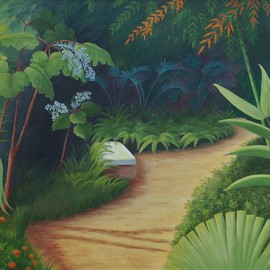 Lora Vannoord: 'Ormond Beach Garden', 2013 Oil Painting, Landscape. Artist Description: Original oil painting on canvas of a garden of tropical plants at the Ormond Beach Memorial Garden in Florida.  The frame that comes with it is a 1 and 12 dark brown wooden frame.  In December 2018 this painting has won first prize at the Clearwater Main Library ...
