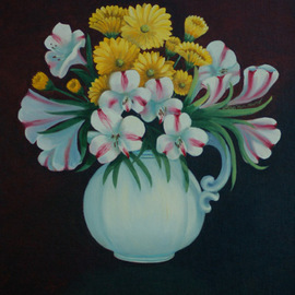 Lora Vannoord: 'Pitcher of FLowers', 2009 Oil Painting, Floral. Artist Description:  Original oil painting of an antique pitcher with flowers. The background is not black. It is sections of ver dark colors. ...