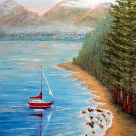 Lora Vannoord: 'Red Sail Boat', 2011 Oil Painting, Beach. Artist Description:  Original oil painting of a red sail boat on Lake Champlain in upstate New York.  I was inspired as I stood on a hilly NY shore and looked across the Lake to see the green mountains of Vermont and the red sailboat.  Framed with a 1 34 inch ...