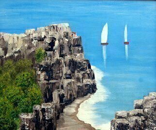 Lora Vannoord: 'Sailboats near Cliffs', 2011 Oil Painting, Marine.  Original oil painting on canvas board created mostly with a painting knife.  A cliff and two sailboats coming in.  It has a 3 inch wide dark brown frame.  The same frame that you see in the photo of my two oil paintings of lighthouses ...