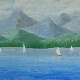 Lora Vannoord: 'Sailing', 2016 Oil Painting, Sailing. Artist Description:  Original oil painting on canvas board of sail boats on Lake Champlain and Vermont mountains, as seen from New York.  Includes a 1 and 34 inch wooden frame...