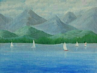 Lora Vannoord: 'Sailing', 2016 Oil Painting, Sailing.  Original oil painting on canvas board of sail boats on Lake Champlain and Vermont mountains, as seen from New York.  It includes a 1 and 34 inch wooden frame. ...