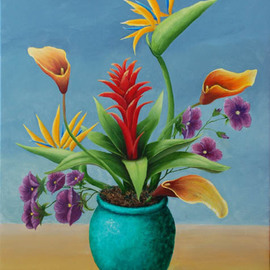 Lora Vannoord: 'Sharon Flowers Arrangment', 2012 Oil Painting, Floral. Artist Description:  Original oil painting on canvas of a beautiful floral arrangement of tropical flowers, created at a Sharon Flowers store in Clearwater, Florida.  The frame I am selling with it is a 2 inch wooden frame with an off white inset and another dark brown wooden inset next to ...