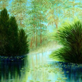 Lora Vannoord: 'Sun On The Lake', 2012 Oil Painting, Visionary. Artist Description: Original oil painting inspired by the morning sun shinning so mysteriously from behind the trees on Tarpon Lake in Palm Harbor, Florida. This was at the Anderson Park. White painted wide wood frame included. ...