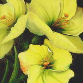 Lora Vannoord: 'Yellow Flowers 1', 2009 Oil Painting, Floral. Artist Description: Original oil painting on canvas board inspired by the yellow flowers in my garden.  Many colors are in the dark background that cant be seen well on the computer.  The wooden frame is included.  ...