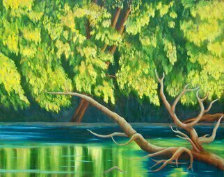 Lora Vannoord: 'Yellow leaves', 2015 Oil Painting, Scenic.  Original oil painting on canvas of trees by a stream with a old log in the water.  The yellow leaves are reflected in the water.  This is a scene at a park in Grand Rapids Michigan on the Grand River.  The frame is a 1 12 inch dark brown wooden...