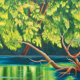 Lora Vannoord: 'Yellow leaves', 2015 Oil Painting, Scenic. Artist Description:  Original oil painting on canvas of trees by a stream with a old log in the water.  The yellow leaves are reflected in the water.  This is a scene at a park in Grand Rapids Michigan on the Grand River.  The frame is a 1 12 inch dark ...
