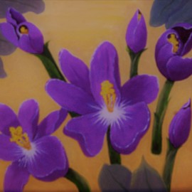 Lora Vannoord: 'crocus flowers', 2019 Oil Painting, Floral. Artist Description: Original oil painting of purple crocus flowers with a very light yellow ochra background that is close to yellow but mellow.  Real wood frame included. ...