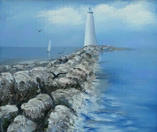 Lora Vannoord: 'lighthouse and sailboat', 2019 Oil Painting, Landmarks. Original oil painting of a Lighthouse by rocks and a sailboat in the distance with a bird in the foreground.  Two and one half inch frame included. ...