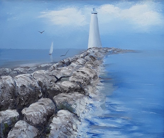 Artist Lora Vannoord. 'Lighthouse And Sailboat' Artwork Image, Created in 2019, Original Painting Oil. #art #artist