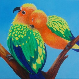Lora Vannoord: 'lovebirds', 2018 Oil Painting, Love. Artist Description: original oil painting of a pair of Lovebirds in a tree, one grooming the other.  Sold at the Tarpon Art Gallery in Tarpon Springs FL...