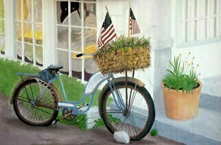 Lora Vannoord: 'patriotic bike', 2022 Oil Painting, Bicycle. I saw this Bicycle with the flags in front of a store in upstate New York on the 4th of July. Snaping a photo I knew I would paint the picture  It was fun painting the old windows with oil pain. There were so many unusual designs in it because ...