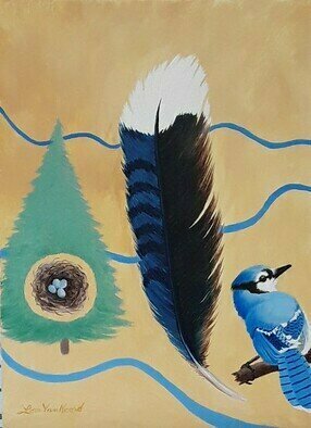 Lora Vannoord: 'the blue jay', 2023 Oil Painting, Birds. After finding a perfect Blue Jay feather in my yard, I started my painting with the feather.  Then I chose one of my photos of the Blue Jay for the painting and their favorite tree to have a nest in. And finished with a blue ribbon to mark their territory. ...