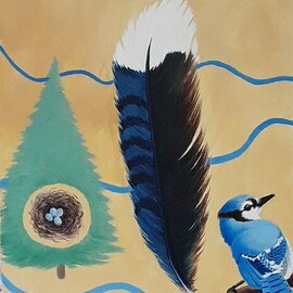 Lora Vannoord: 'the blue jay', 2023 Oil Painting, Birds. Artist Description: After finding a perfect Blue Jay feather in my yard, I started my painting with the feather.  Then I chose one of my photos of the Blue Jay for the painting and their favorite tree to have a nest in. And finished with a blue ribbon to mark ...