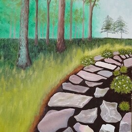 Lora Vannoord: 'the right path', 2023 Oil Painting, Landscape. Artist Description: An original oil painting of a scenic yard with a rock path on canvas board. ...