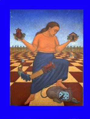 Lynette Vought: 'Home', 2004 Acrylic Painting, Figurative. A woman stepping on a demon, while hold her heart and home in her hands....