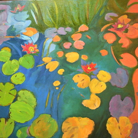 Lynne Friedman: 'Pans Pond', 2011 Oil Painting, Landscape. Artist Description:  lily pond, water, landscape, blue, summer, yellow, orange...