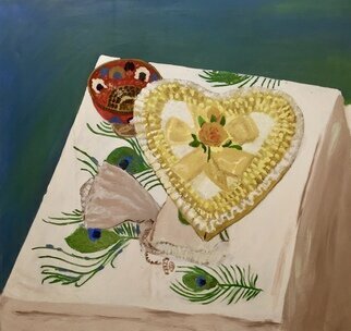 Linda Dimitroff: 'tokens', 2020 Painting, Still Life. This oil painting represents tokens of memories  a Valentine heart, a shell from the sea, a bowl from the past, and an old Bible, all laid out on a linen from meals past. ...