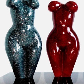 Sergey Abrosimov: '2 GIRLS 34 ON 1 PODIUM 4', 2022 Mixed Media Sculpture, Nudes. Artist Description: Polished resin with mineral fillers imitating natural stones - black obsidian, red amber, gray- green ornamental stone...