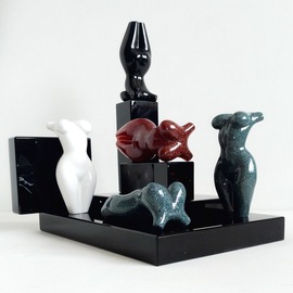 Sergey Abrosimov: '5 GIRLS DIFF ON 5 PODIUMS BLACK COMP NO 4', 2023 Mixed Media Sculpture, Nudes. Artist Description: 5 GIRLS DIFF ON 5 PODIUMS BLACK COMP NO 4 echoes the plastic searches of famous masters Henry Moore and Fernando Botero.  The novelty of the sculptural concept of Maas Tiir lies in the possibility of free movement, rotation and installation of figurines and podiums in different compositions ...