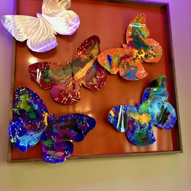 Mac Worthington: 'flutter of butterflies', 2021 Aluminum Sculpture, Abstract Figurative. Artist Description: Available as a special order.Metal Butterflies painted acrylic enamel floating in a shadowbox frame.  Individual Butterflies available in your choice of colorsSigned   dated. Certificate of Authenticity.Delivery, hanging   shipping availableStudio: 5935 Houseman Rd, historic Ostrander, Ohio.For further information on this piece or to discuss ...