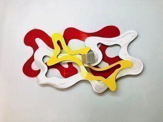 Mac Worthington: 'horizontal reflection', 2021 Aluminum Sculpture, Abstract. Custom metal wall sculpture polished with a machine brush finish painted acrylic enamel flame red   chrome yellow. ...