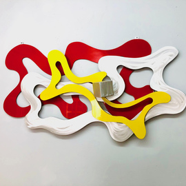 Mac Worthington: 'horizontal reflection', 2021 Aluminum Sculpture, Abstract. Artist Description: Custom metal wall sculpture polished with a machine brush finish painted acrylic enamel flame red   chrome yellow. ...