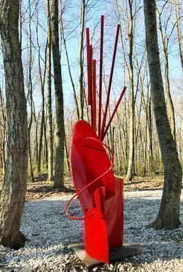 Mac Worthington: 'sudden moments', 2020 Stone Sculpture, Abstract. Welded steel painted flame red. Available. Signed   dated. Certificate of Authenticity. Delivery, and shipping available.Studio   Sculpture Park: 5935 Houseman Rd, historic Ostrander, Ohio. 614- 582- 6788...