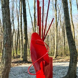 Mac Worthington: 'sudden moments', 2020 Stone Sculpture, Abstract. Artist Description: Welded steel painted flame red. Available. Signed   dated. Certificate of Authenticity. Delivery, and shipping available.Studio   Sculpture Park: 5935 Houseman Rd, historic Ostrander, Ohio. 614- 582- 6788...