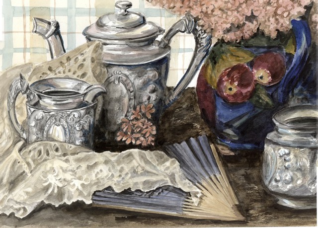 Artist Mary Jean Mailloux. 'Antique Silver Tea Set' Artwork Image, Created in 2008, Original Drawing Gouache. #art #artist