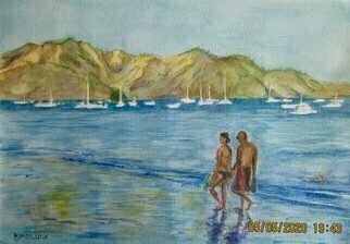 Mary Jean Mailloux: 'coco sunrise', 2020 Watercolor, Scenic. The beautiful hills surrounding Coco beach in beautiful Costa Rica, inspired this piece.  The sunrise on the hills during the hot dry summer brought out all the warmth of the brush, while the lapping waves provided a cool breeze off the ocean...