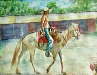 Mary Jean Mailloux: 'el caballero', 2020 Watercolor, Scenic. A great pride of ownership emanated from this caballero.  It appeared his poor emaciated horse could hardly stand, but along they went, masters of the road.  ...