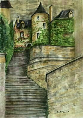 Mary Jean Mailloux: 'la roque gageac', 2021 Watercolor, Scenic. Centuries old structures built right into the majesctic cliffs of La Roque Gageac, tempt the viewer to imgagine who lives at the top of theses winding staircases up to fanciful towers and lush gardens. The Dordogne River flows just in front. ...