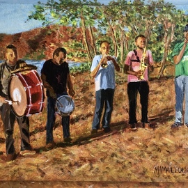 Mary Jean Mailloux: 'latin beach band', 2023 Acrylic Painting, People. Artist Description: 5 musicians on Coco beach at sunset, playing Latin and contemporary music to celebrate the life and mourn the death of a sea loving woman. ...