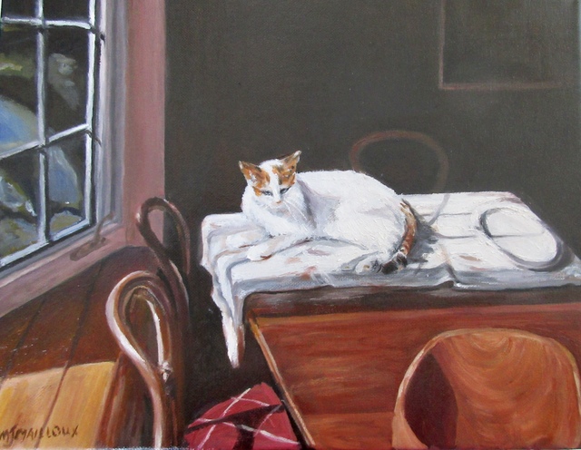 Artist Mary Jean Mailloux. 'Still Life With Cat' Artwork Image, Created in 2018, Original Drawing Gouache. #art #artist